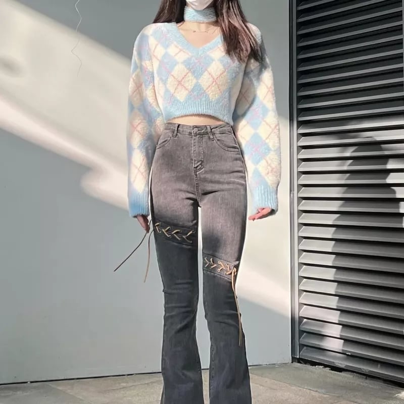 Blue Argyle Slash Neck Long Sleeve Sweater