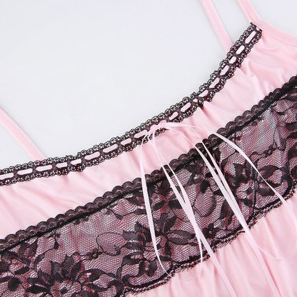Cute 90s Light Pink Lace Sleeveless Ruffle Frill Tie Up Crop Top Camisole Tank Shirt Summer Party E-Girl Kawaii Korean Japanese Harajuku Streetwear
