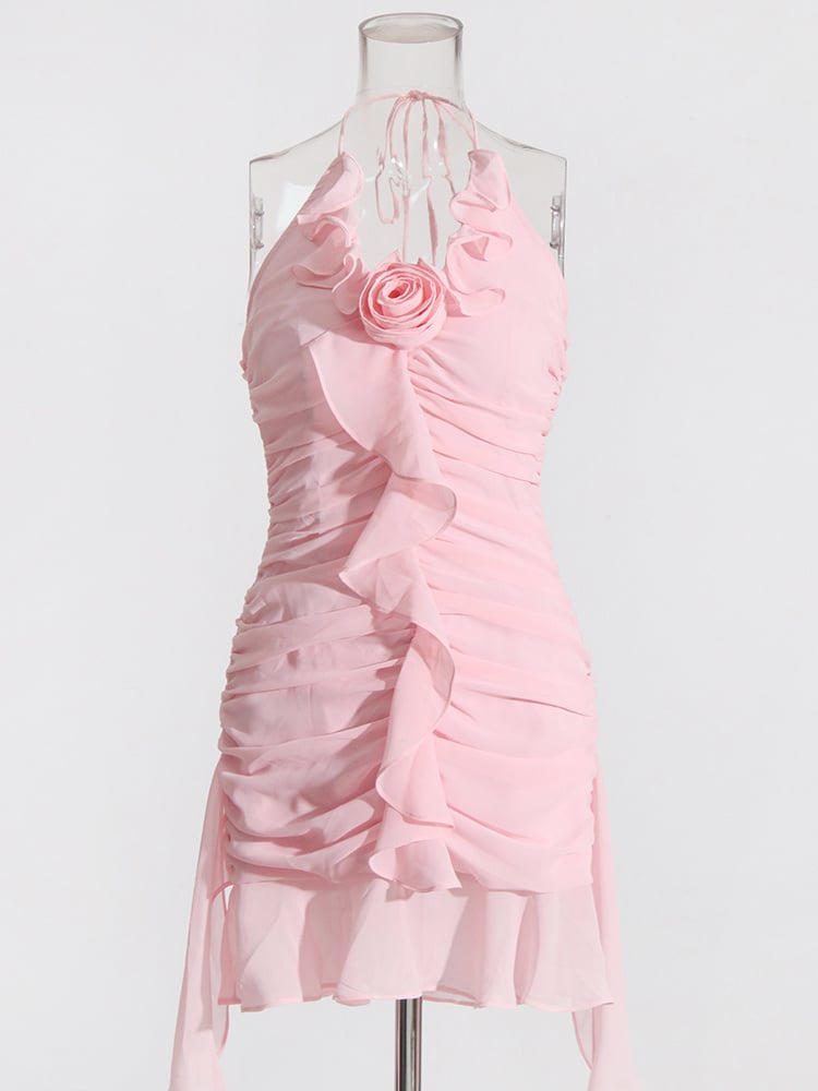 Pink Flower Halter Fold Mini Dress
