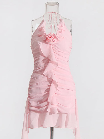 Pink Flower Halter Fold Mini Dress