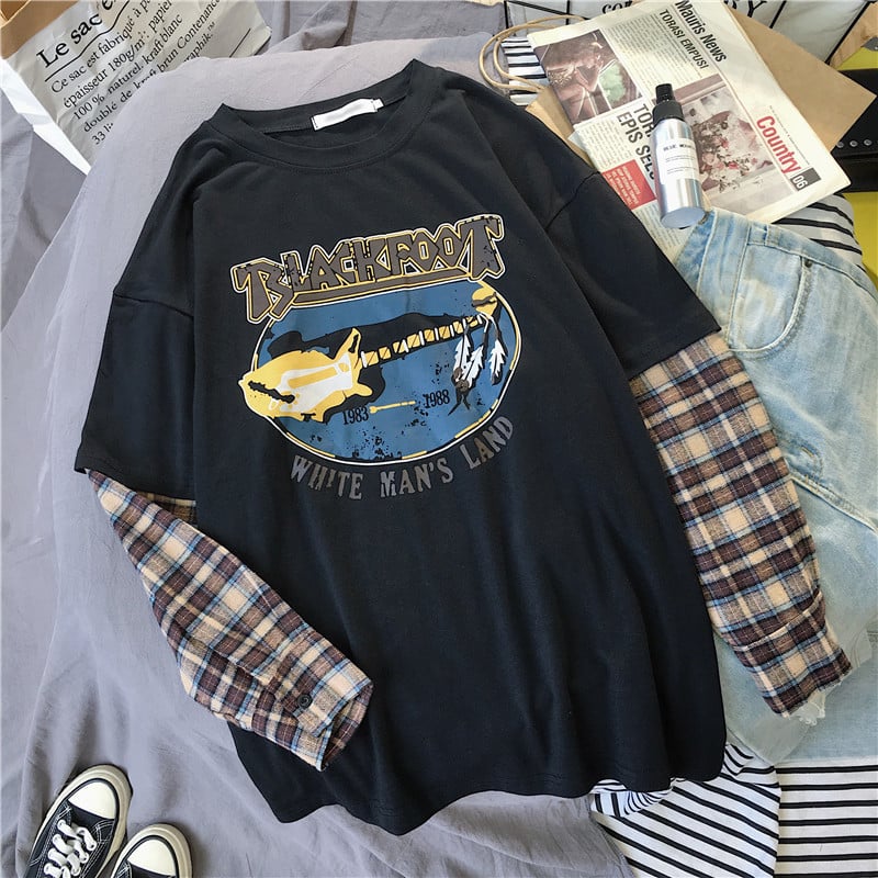Black White Plaid Patchwork Print Loose Casual Sweatshirt Sweater Long Sleeve Shirt Pullover Jumper E-Girl Kawaii Korean Japanese Harajuku Streetwear