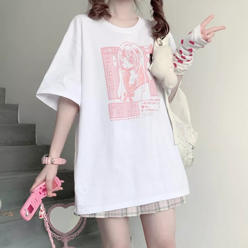Pastel Pink Anime Girl Print Short Sleeve T-shirt