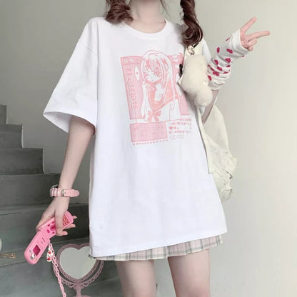 Pastel Pink Anime Girl Print Short Sleeve T-shirt