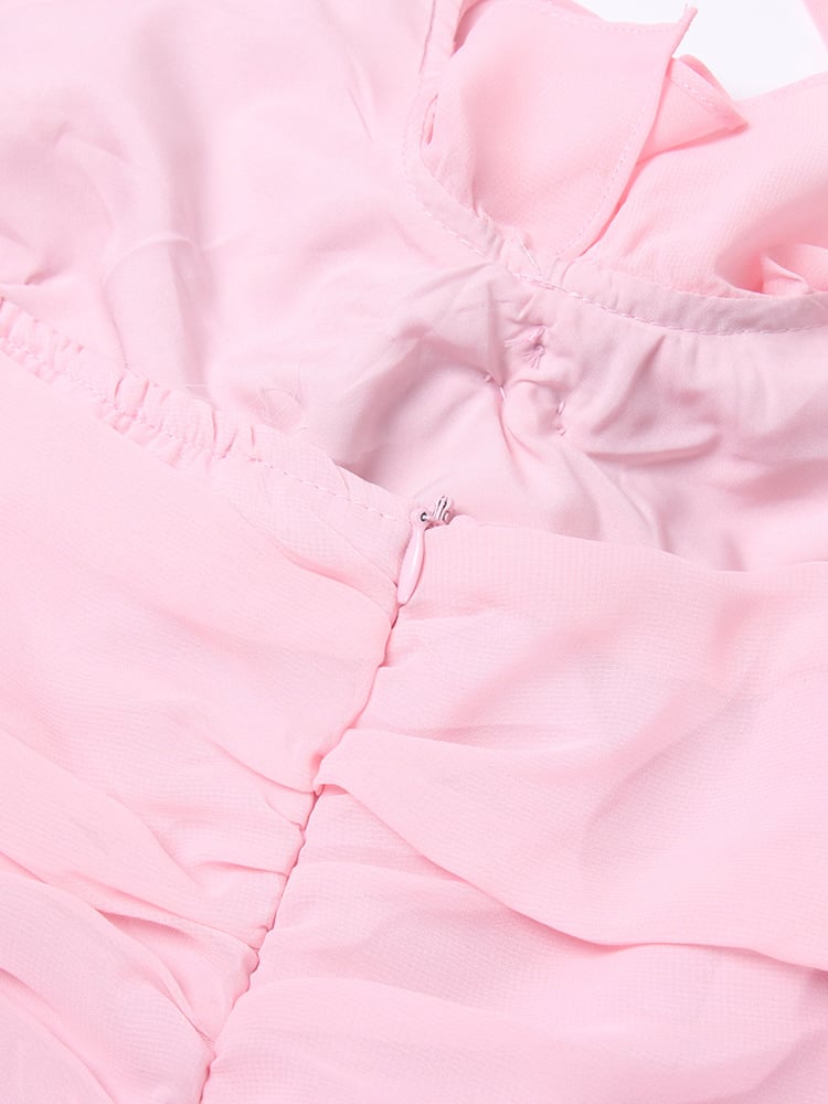 Pink Flower Halter Fold Mini Dress