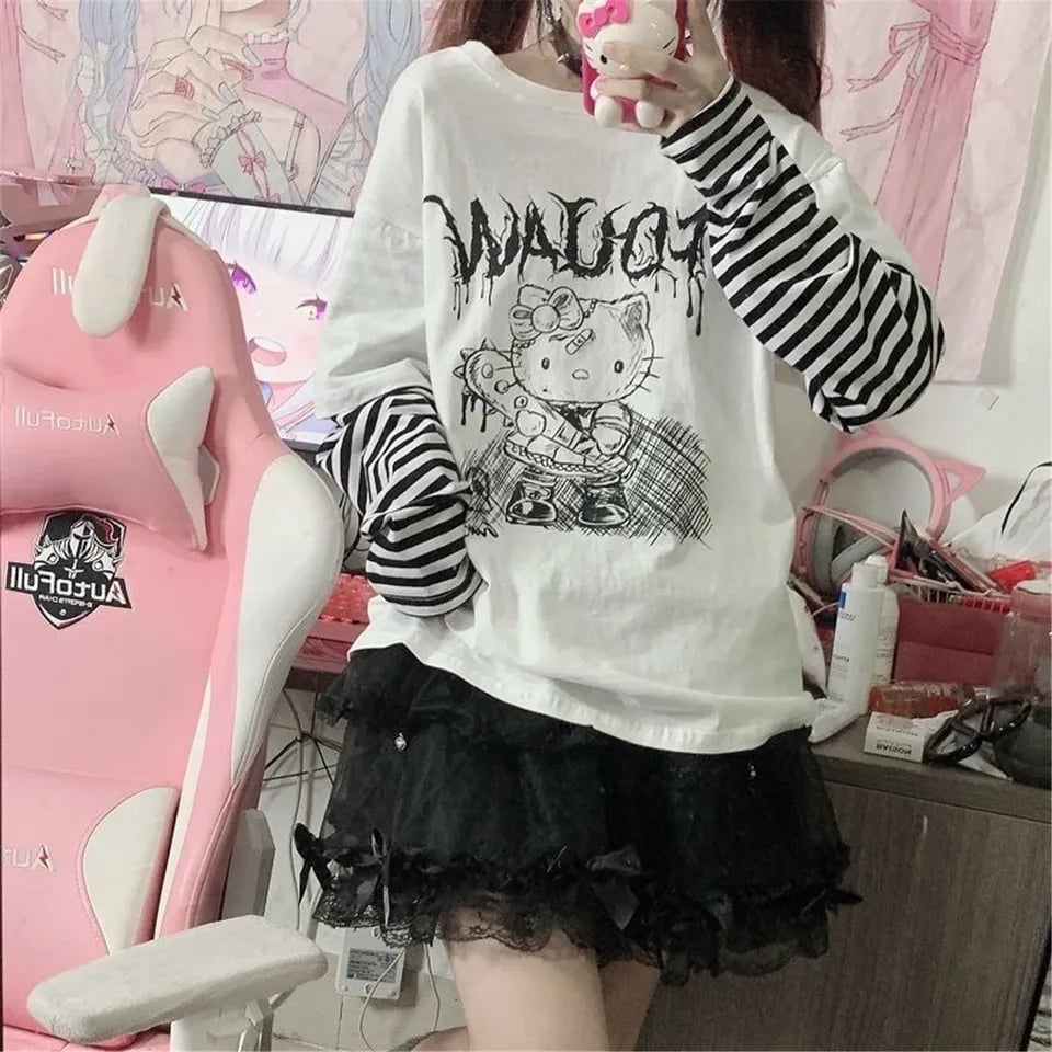 Cat Anime Print Loose Stripe Long Sleeve T-shirt
