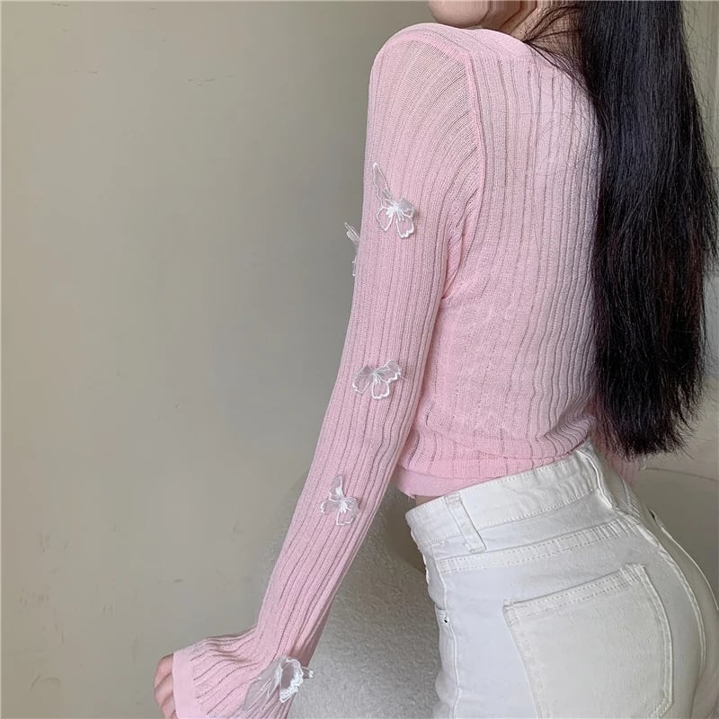 Cute Sweet Butterfly Knit Cardigan V Neck Crop Top Thin Long Sleeve T-shirt Vintage Aesthetic Casual Summer E-Girl Kawaii Korean Japanese Harajuku