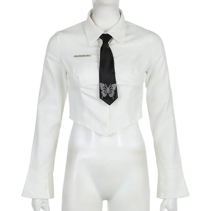 White Butterfly Rhinestone Tie + Long Sleeve Shirt Set