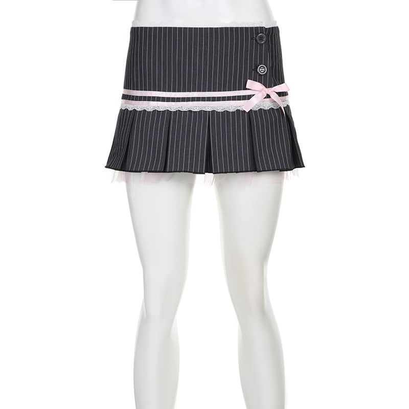 Pink Bow Stripe Fold Lace Up High Waist Skirt