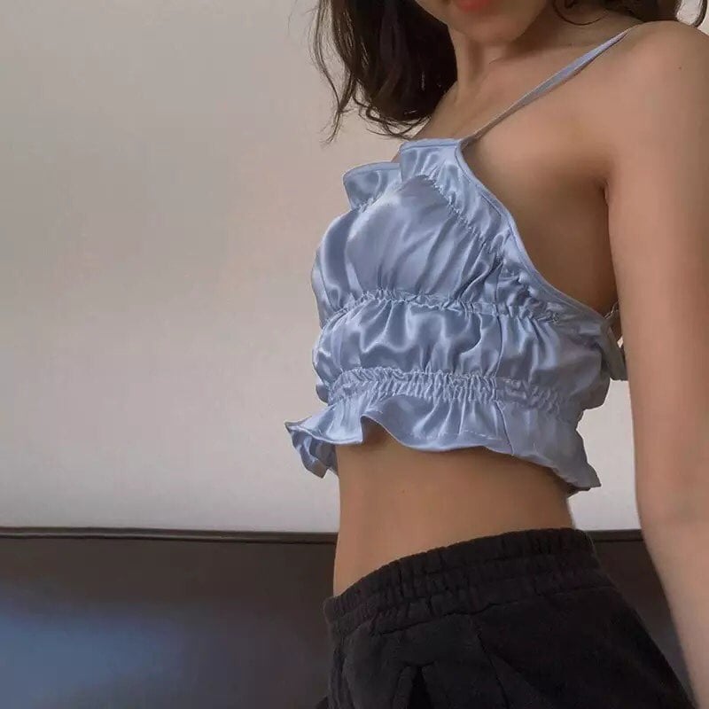 Blue Silk Satin Ruched Ruffle Frilly Tank Top Backless Crop Top Sleeveless Shirt Summer Aesthetic Casual E-Girl Kawaii Korean Japanese Harajuku