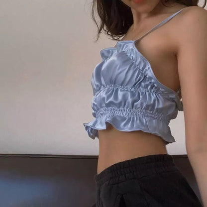 Blue Silk Satin Ruched Ruffle Frilly Tank Top Backless Crop Top Sleeveless Shirt Summer Aesthetic Casual E-Girl Kawaii Korean Japanese Harajuku