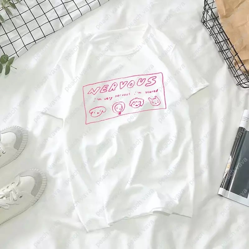 White Nervous Animal Graphic Cartoon Print Loose Oversized Short Sleeve T-shirt Top Summer Causal E-Girl Kawaii Korean Japanese Harajuku Streetwear