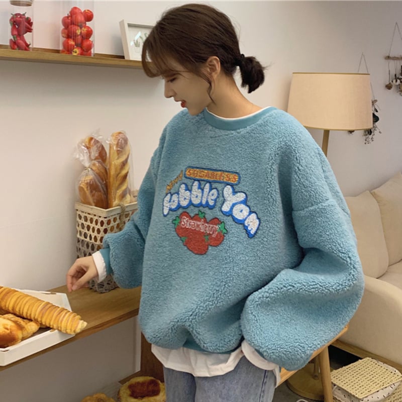 Strawberry Bubblegum Print Warm Fuzzy Fleece Hoodie Sweatshirt Sweater Long Sleeve Pullover E-Girl Kawaii Korean Japanese Harajuku Streetwear