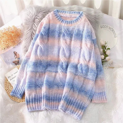 Pastel Rainbow Tie Dye Stripe Loose Oversize Knit Long Sleeve Sweatshirt Sweater Pullover Jumper E-Girl Kawaii Korean Japanese Harajuku Streetwear
