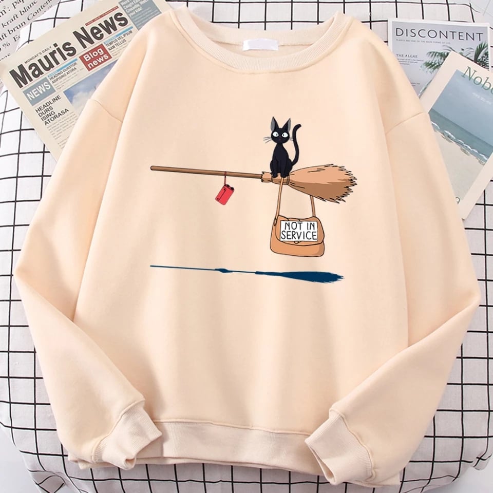 Cute Black Cat Japanese Anime Cartoon Print Oversized Fleece Crewneck