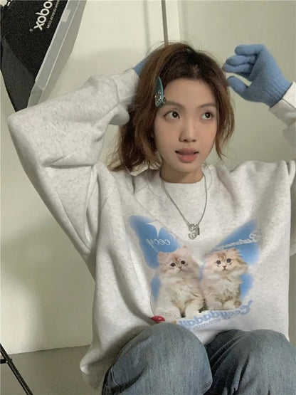 Cat Print Long Sleeve Sweatshirt