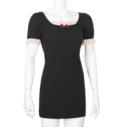 Cute Summer Square Neck Lace Patchwork Elegant Bodycon Short Sleeve Mini Dress Aesthetic Casual E-Girl Kawaii Korean Japanese Harajuku