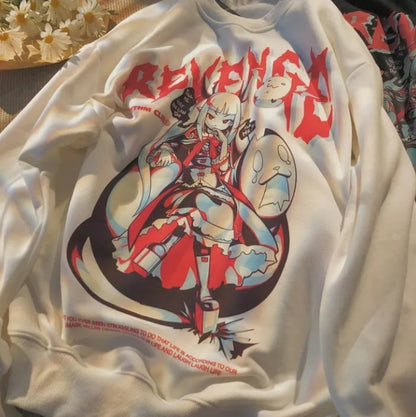 Cute Black Anime Girl Cartoon Print Long Sleeve Shirt Sweatshirt Pullover Goth Punk Aesthetic Casual Summer E-Girl Kawaii Korean Japanese Harajuku
