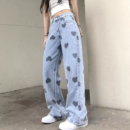 Cute Heart Denim Blue Loose High Waisted Straight Leg Flare Jeans Pants Aesthetic Casual Summer E-Girl Kawaii Korean Japanese Harajuku