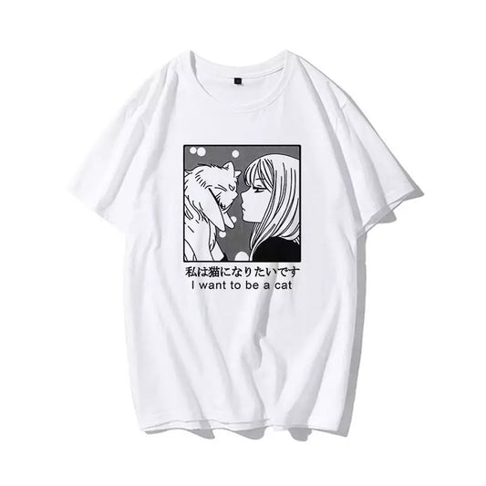 Cute Vintage Sweet Funny Cat Anime Girl Print Loose Short Sleeve Short T-shirt Tee Top Summer Casual E-Girl Kawaii Korean Japanese Harajuku Streetwear