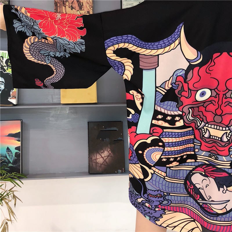 Mask Demon Horn Kimono Cardigan Cartoon Print Loose Blouse Long Sleeve Shirt T-shirt Top E-Girl Kawaii Korean Japanese Harajuku Streetwear