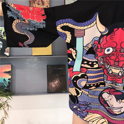 Mask Demon Horn Kimono Cardigan Cartoon Print Loose Blouse Long Sleeve Shirt T-shirt Top E-Girl Kawaii Korean Japanese Harajuku Streetwear