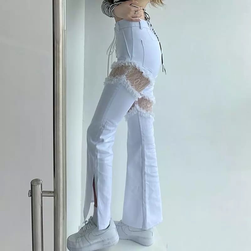 Cute White Lace Hollow Out Side Split High Waist Flare Denim Jeans Pants Trousers Summer Aesthetic Casual E-Girl Kawaii Korean Japanese Harajuku