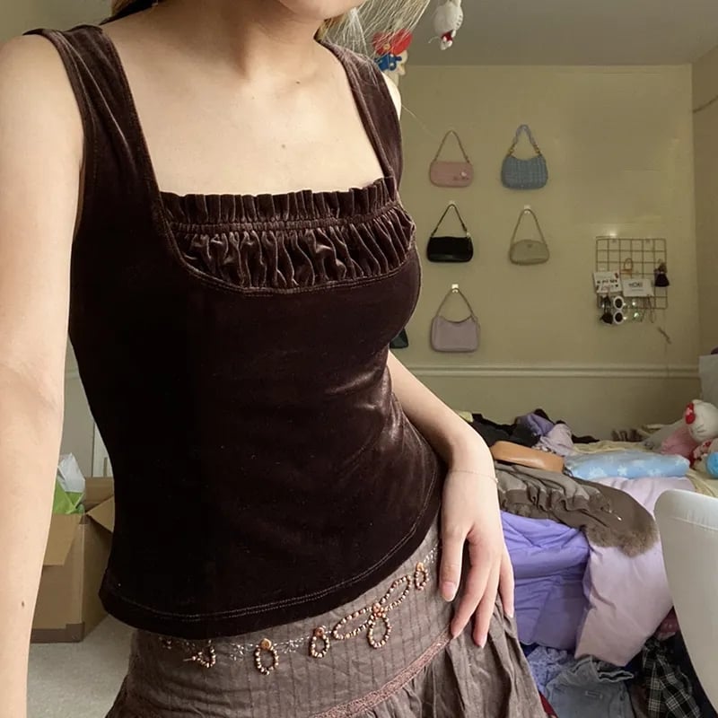 Brown Velvet Patchwork Tank Top
