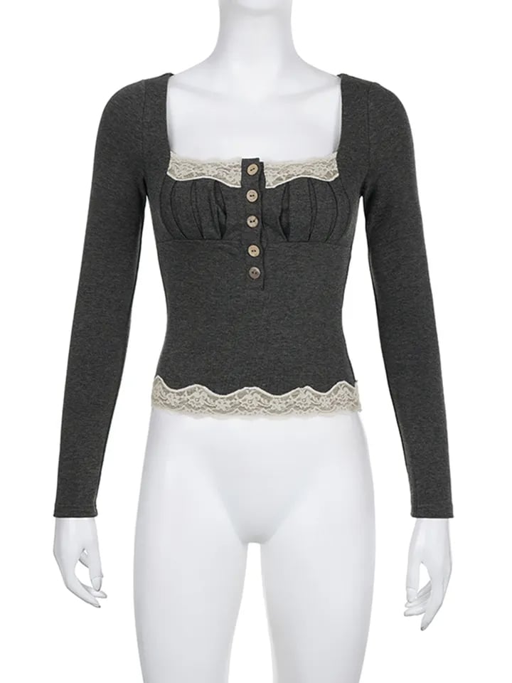 Grey Patchwork Square Neck Collar Long Sleeve Shirt