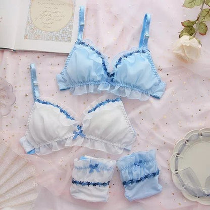 Sweet Fairy Blue Lace Bra + Panty Set Underwear Lingerie Summer Aesthetic Casual E-Girl Kawaii Korean Japanese Harajuku