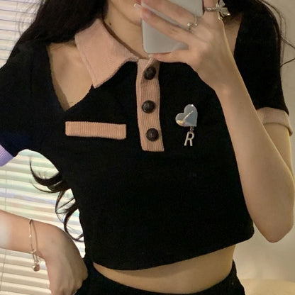 Black Off Shoulder Hollow Out Short Sleeve T-shirt