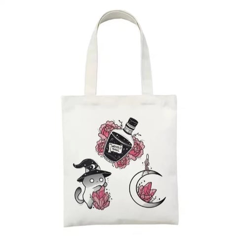 Cute Cat Witch Magic Print Reusable Shopping Tote Bag Canvas Tote Shoulder Bag Aesthetic Casual E-Girl Kawaii Korean Japanese Harajuku