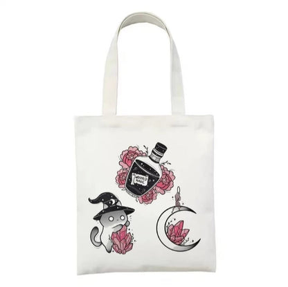Cute Cat Witch Magic Print Reusable Shopping Tote Bag Canvas Tote Shoulder Bag Aesthetic Casual E-Girl Kawaii Korean Japanese Harajuku