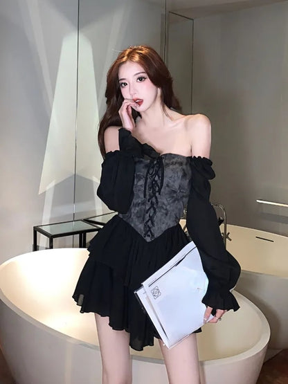 Black Floral Corset Long Sleeve Dress