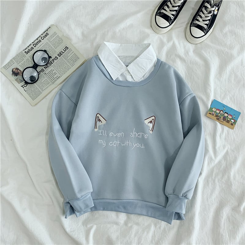 Cute Cat Kitten Print Polo Collar 2 Pcs Sweatshirt Sweater Pullover Jumper Long Sleeve Shirt Casual E-Girl Kawaii Korean Japanese Harajuku Streetwear