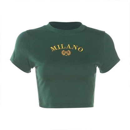 Green Embroidery Short Sleeve Crop Top