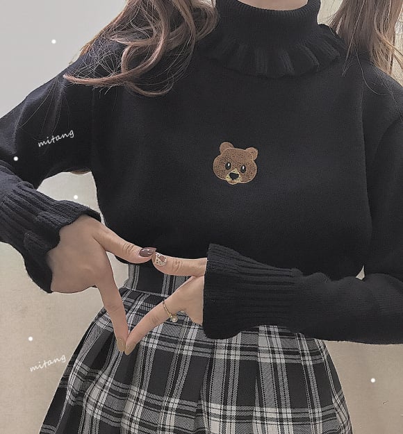 Cute Bear Embroidery Turtleneck Vintage Sweater High Neck Ruffle Pullover Long Sleeve Knit E-Girl Kawaii Korean Japanese Harajuku Streetwear