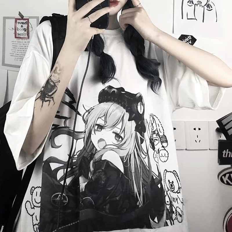 Cute White Anime Girl Graphic Print Loose Short Sleeve Shirt Goth Punk Aesthetic Casual E-Girl Kawaii Korean Japanese Harajuku