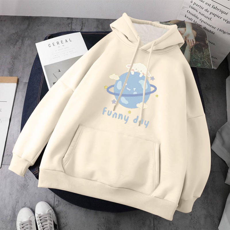 Cute Dog Poodle Earth Cartoon Print Oversized Loose Hoodie Sweater Sweatshirt Pullober Jumper Casual E-Girl Kawaii Korean Japanese Harajuku Streetwear