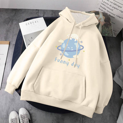 Cute Dog Poodle Earth Cartoon Print Oversized Loose Hoodie Sweater Sweatshirt Pullober Jumper Casual E-Girl Kawaii Korean Japanese Harajuku Streetwear