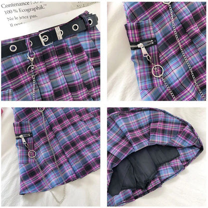 Cute Vintage Plaid Belt Chain High Waisted Mini Skirt School Uniform Tennis A-line Goth Punk Club E-Girl Kawaii Korean Japanese Harajuku Streetwear