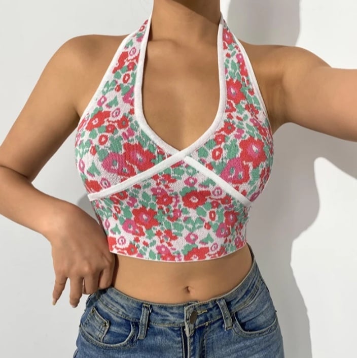 Cute Sexy Floral Halter Patchwork Knit Tank Crop Top Vintage Beach Aesthetic Casual Summer E-Girl Kawaii Korean Japanese Harajuku Stree