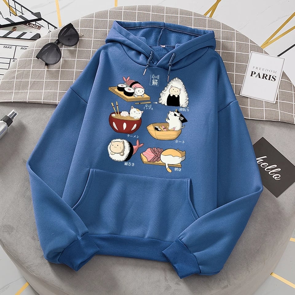 Cute Cat Sushi Cartoon Print Oversized Hoodie Fleece Sweatshirt Pullover Aesthetic Casual E-Girl Kawaii Korean Japanese Harajuku