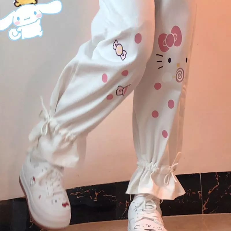Cute White Kitty Cat Cartoon Print High Waisted Straight Pants Trousers Aesthetic Casual Summer E-Girl Kawaii Korean Japanese Harajuku