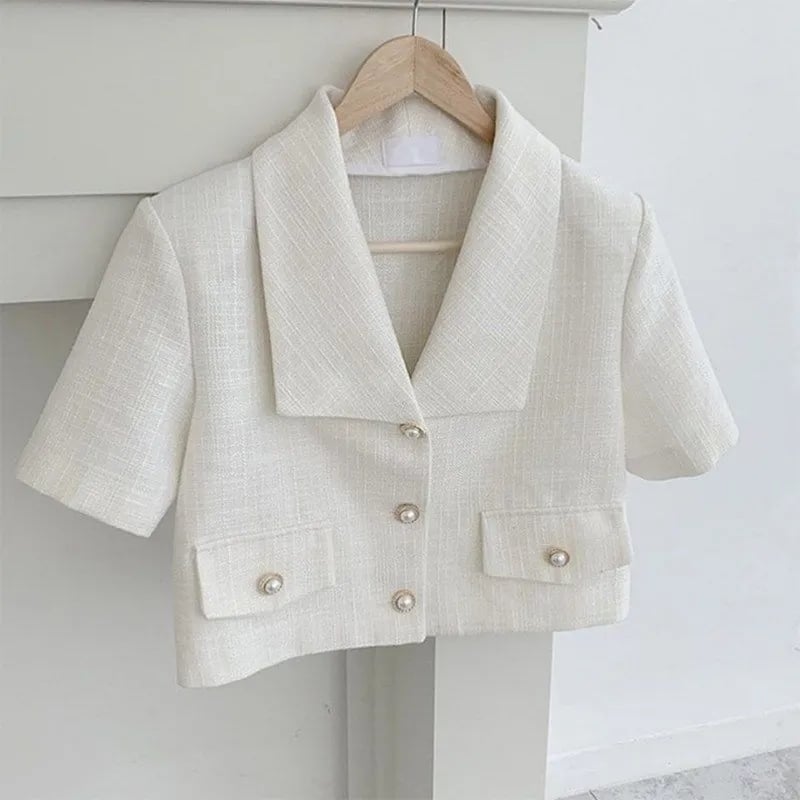 White Pearl Button Tweed Short Sleeve Blouse