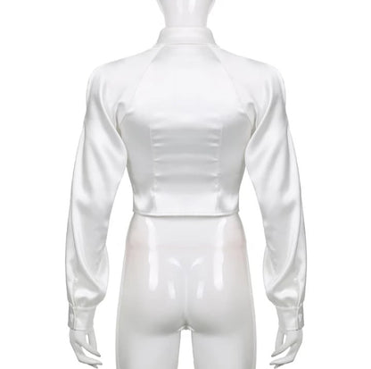 Cute White Silk Hollow Out Collar Cropped Top Long Sleeve Shirt Blouse Elegant Aesthetic Casual E-Girl Kawaii Korean Japanese Harajuku