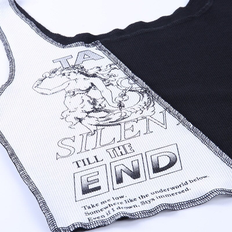 Cute Sexy Black White Patchwork Print Tank Crop Top Sleeveless Shirt Punk Bodycon Aesthetic Goth E-Girl Kawaii Korean Japanese Harajuku Streetwear