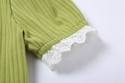 Cute Green Ribbed 2PCS Set Square Collar Puff Sleeve Lace Short Sleeve Crop Top Skirt Summer Party E-Girl Kawaii Korean Japanese Harajuku Streetwear