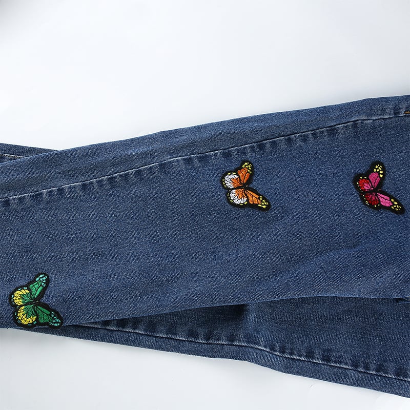 Butterfly Embroidery High Waist Denim Jeans
