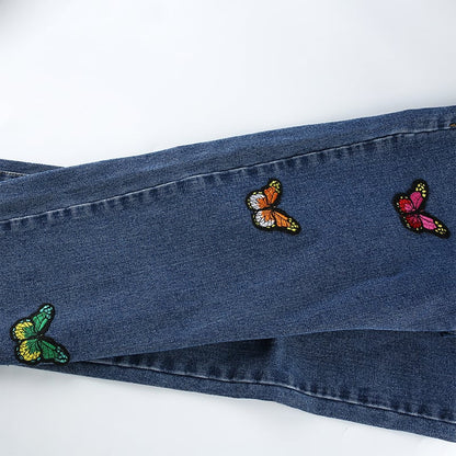 Butterfly Embroidery High Waist Denim Jeans