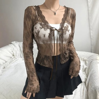 Brown Lace Mesh Tie Up Cardigan